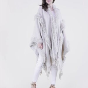 Original USA Faux Fur Trim Fringe Poncho Wrap Ivory Cream Boho Shawl NWT